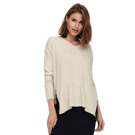 achat pull col v only femme beige ONLAMALIA L/S V-NECK PULLOVER CC KNT face porte