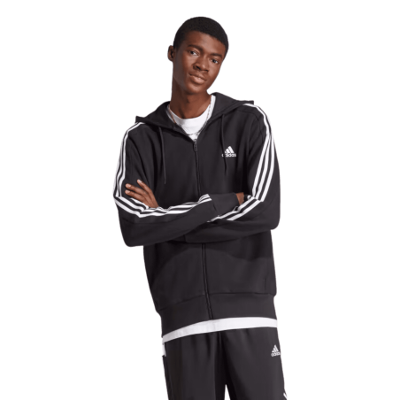 Achat Veste zippée à capuche Adidas Homme à 3 bandes ESSENTIALS Noir face mannequin