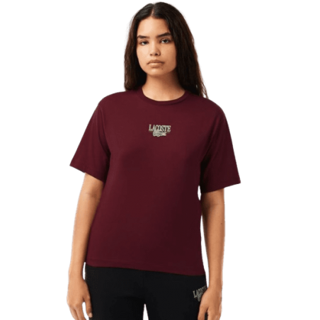 achat T-shirt LACOSTE femme PRINT COTTON JERSEY rouge porté